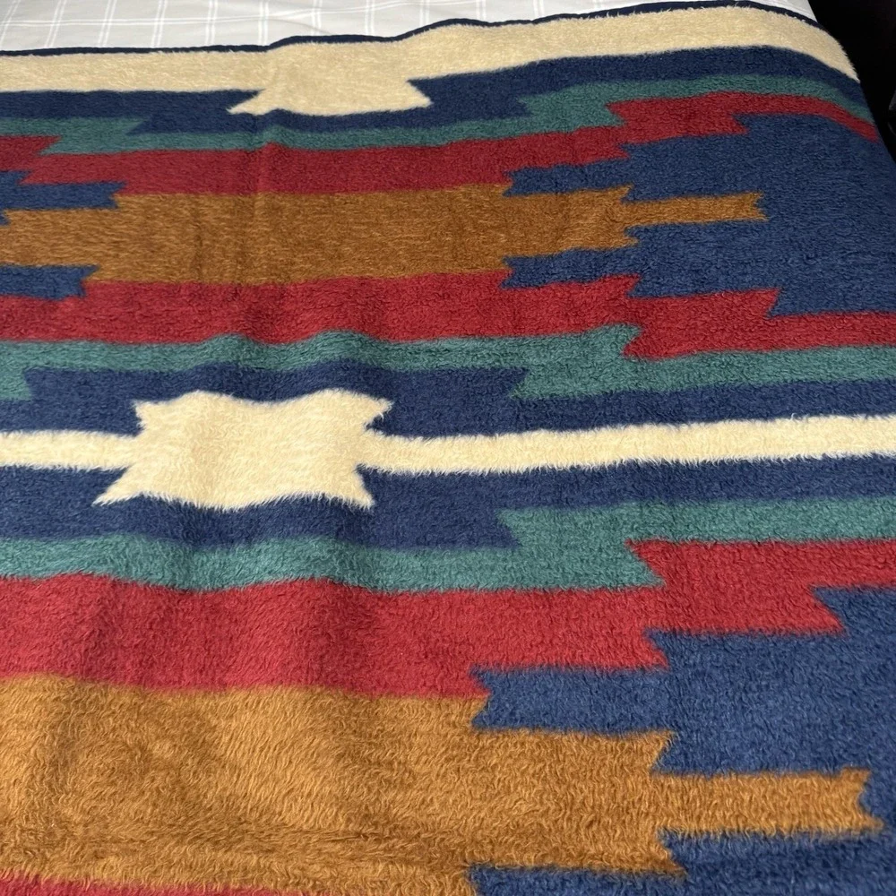 Vtg Biederlack Throw Blanket Southwest Aztec Camp Bonfire Reversible 74